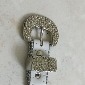 Leather White Studded Belt with Rhinestones on Buckle
